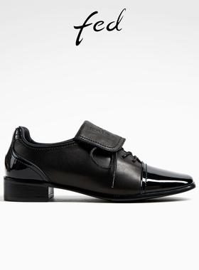 fed黑色小皮鞋秋季新款女鞋休闲单鞋牛津鞋粗跟真皮鞋D0823-YA577