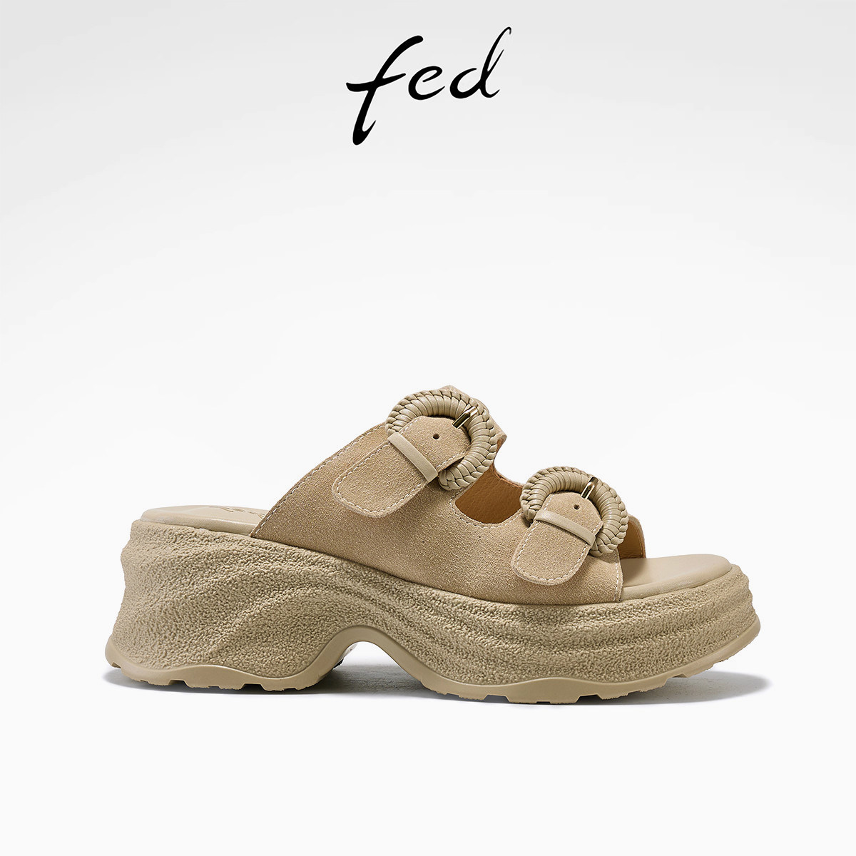 fed砂岩质感夏季新款真皮女凉鞋超轻厚底一字带勃肯凉拖鞋女外穿