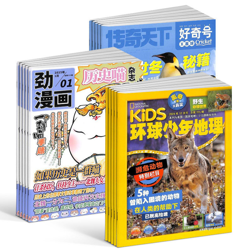 包邮历史喵+好奇号+环球少年地理杂志组合 2026年1月起订 1年共36期 少儿兴趣阅读历史漫画书 儿童科普百科书籍 杂志铺