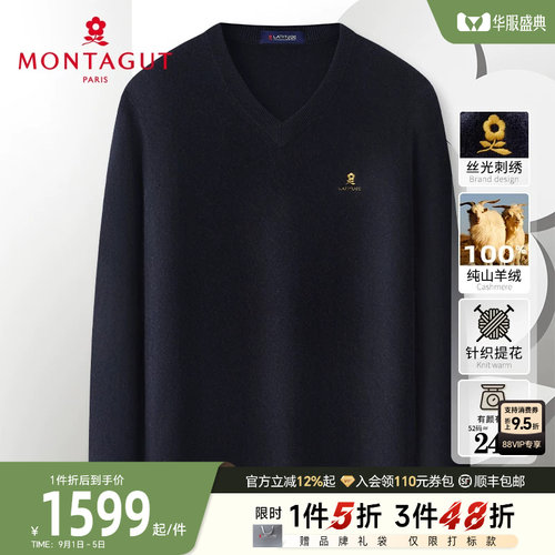 梦特娇纯山羊绒针织衫V领毛衣男