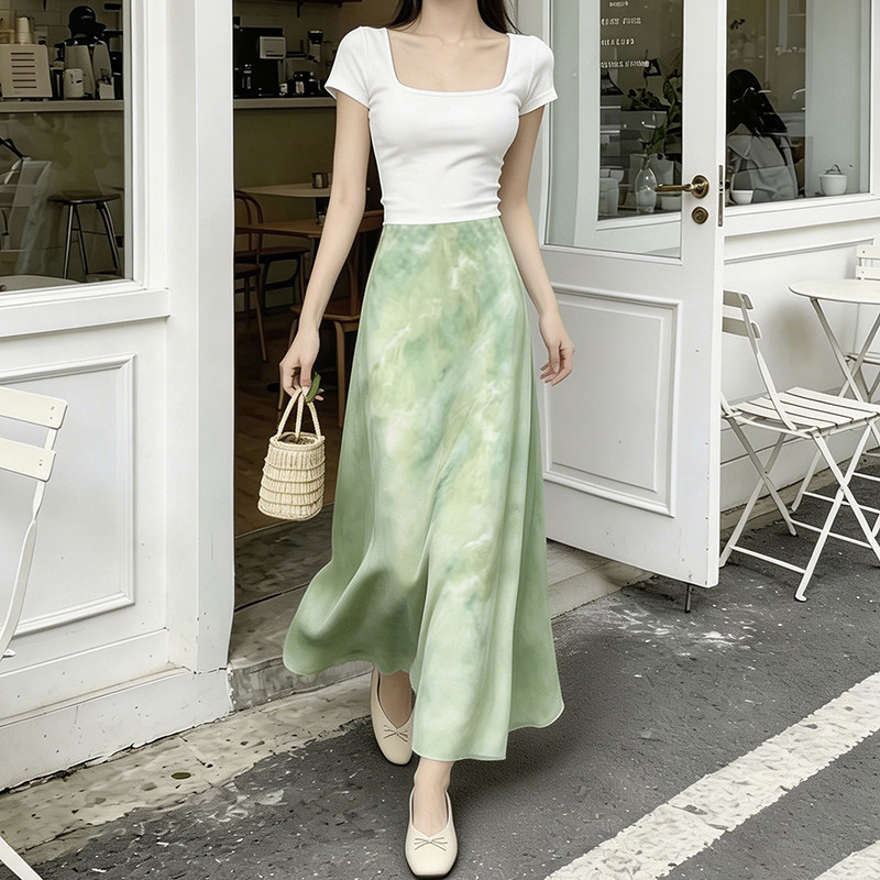 芊妃法式绿色碎花高腰a字半身裙女2026夏季清新百搭显瘦A字长裙子
