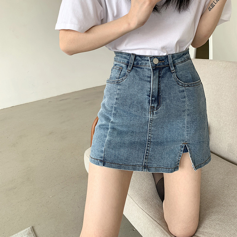芊妃年春夏牛仔半身裙女韩版高腰弹力紧身包臀裤裙开叉防走光短裙