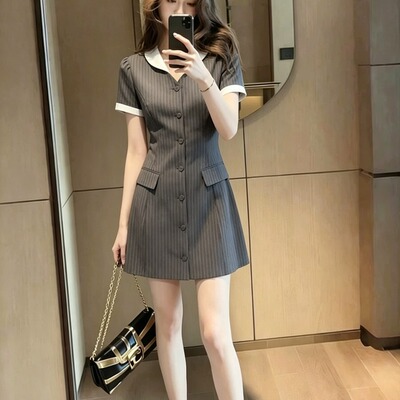 【芊妃】初夏灰色假两件条纹连衣裙女收腰A字短裙气质显瘦裙子