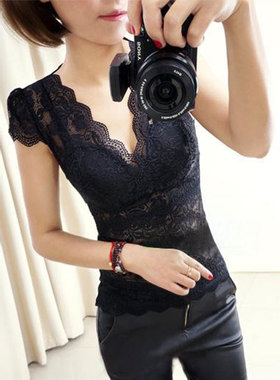 蕾丝打底衫女短袖夏季v领上衣黑色显瘦性感镂空半袖蕾丝衫大码t恤