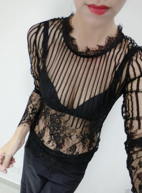 黑色蕾丝打底衫女内搭透视性感长袖气质洋气小衫修身弹力上衣时髦