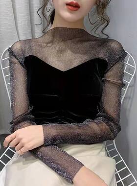 长袖常规拼接金丝绒女T恤打底衫