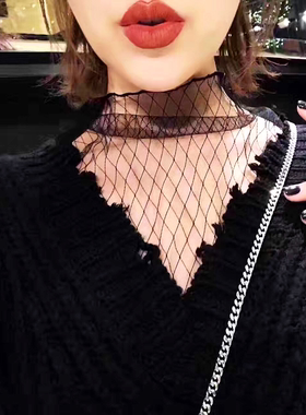 2022年春季蕾丝打底衫女长袖网纱黑色薄款镂空半高领内搭透视上衣