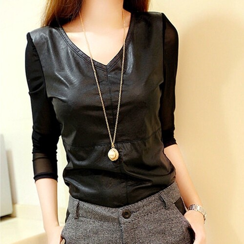 亮面皮衣t恤v领打底衫上衣