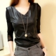 新款 t恤女长袖 韩版 秋季 时尚 洋气小衫 网纱拼接皮u上衣v领绒打底衫