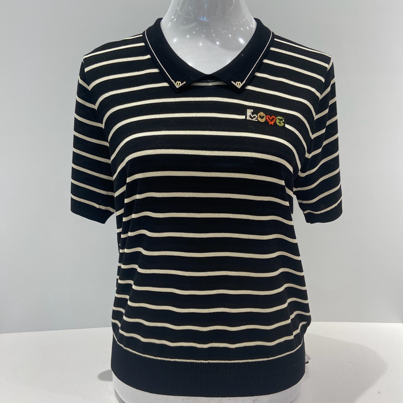 品牌黑白条纹显瘦天丝针织短袖翻领T恤女夏装气质妈妈休闲POLO衫