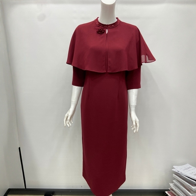 801法式风气质高贵喜妈妈婚礼服喜婆婆婚宴装华盖薄纱披肩连衣裙