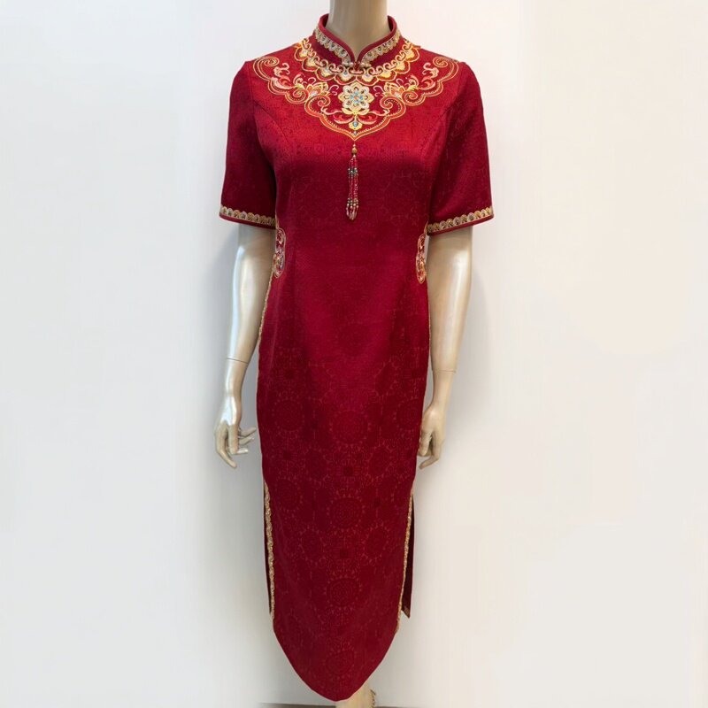 国风喜妈妈婚宴装礼服高贵喜婆婆新中式改良旗袍苏绣段醋酸连衣裙
