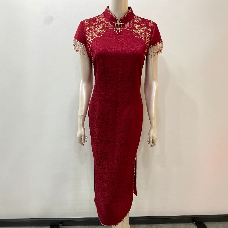 高端喜妈妈流苏短袖旗袍裙婚礼服