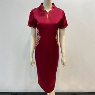 高端品牌喜妈妈醋酸缎连衣裙婚庆礼服改良旗袍V领短袖婆婆敬酒服