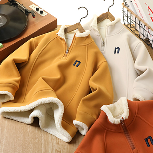 男童加绒卫衣2025新款今年流行爆款中大儿童冬装加厚半拉链打底衫