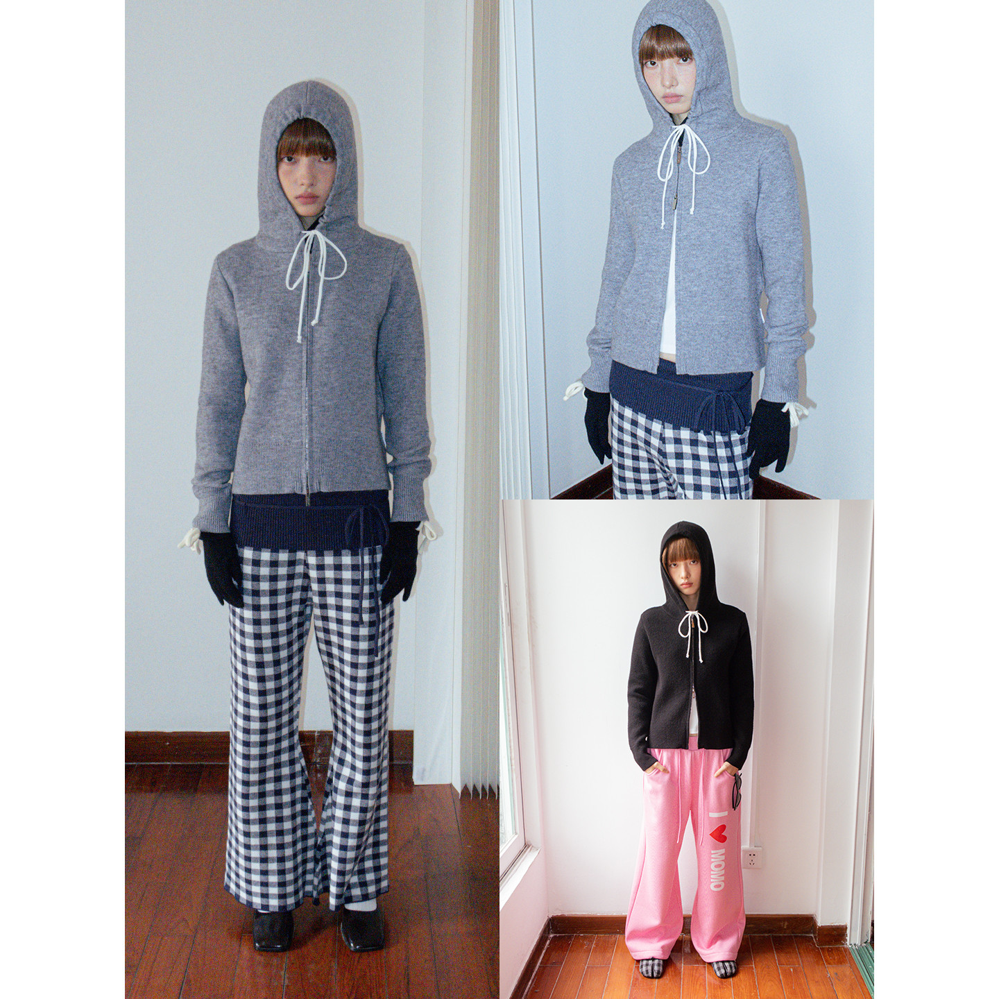 FUNKYFUN 双拉链微宽松小版型开衫连帽秋冬针织毛衣外套