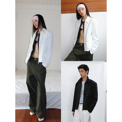 FUNKYFUN 2025AW 不规则半圆铆钉微垫肩拉链西装夹克外套
