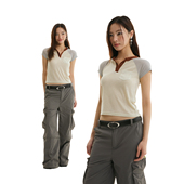 竖坑条纹理撞色插肩弹力亨利领短袖 FUNKYFUN 2025SS T恤