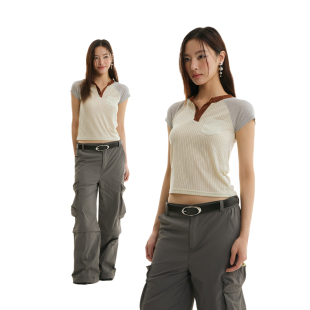 T恤 竖坑条纹理撞色插肩弹力亨利领短袖 FUNKYFUN 2025SS