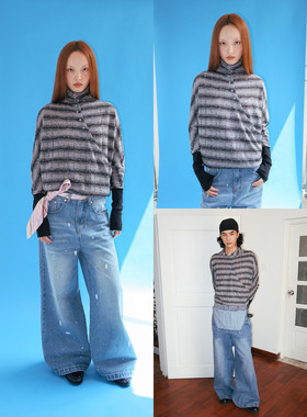 FUNKYFUN 小高领镂空条纹拼接螺纹袖套宽短蝙蝠袖T恤