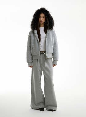 FUNKYFUN 2024AW 撞色毛领花灰色裥棉加厚连帽开衫卫衣外套棉服