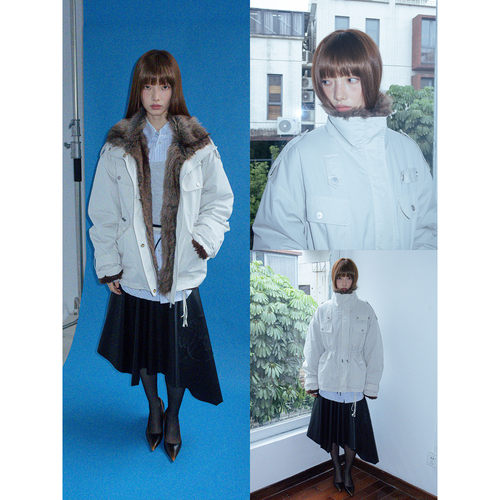 FUNKYFUN 柔软亲肤毛毛内胆抽绳收腰中长款派克服棉服外套