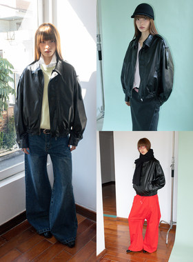 FUNKYFUN 哑面涂层皮料 橡筋下摆翻领夹克宽松黑色外套