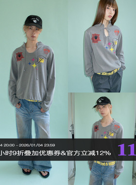 FUNKYFUN 星星直喷印花工艺 浅灰色系带门襟V领套头卫衣