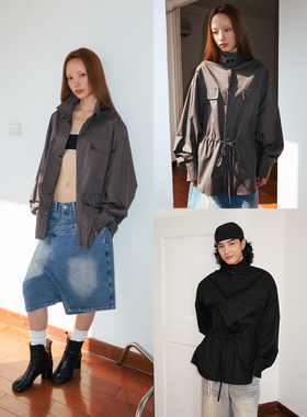 FUNKYFUN 黑灰色宽松中长款可收腰立领衬衫外套