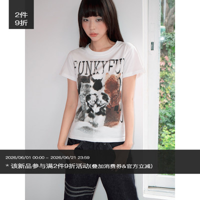 FUNKYFUN 美式小众趣味做旧斑驳感猫咪直喷印花正肩宽松短袖T恤