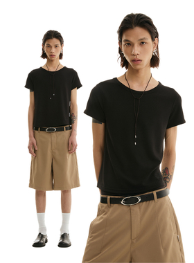 FUNKYFUN基础时髦极简宽松短款宽领正肩短袖T恤黑白灰三色百搭TEE