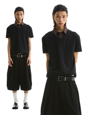 FUNKYFUN 2025SS 黑灰色V领短袖拼接格纹衬衫翻领假两件T恤