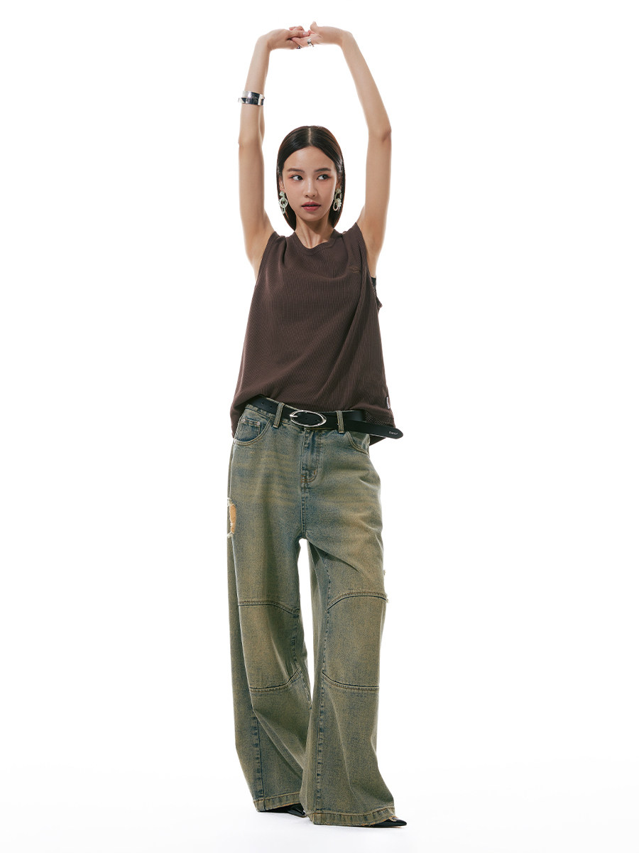 FUNKYFUN ORIGINAL DESIGN WASH WATER DO OLD LOOSE STRAIGHT JEANS MENS AND WOMENS TRENDY RIPPED HOLES EDGED WIDE-LEG PANTS