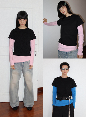 FUNKYFUN 2025AW 斜片下摆撞色假两件宽松正肩圆领莱赛尔长袖tee