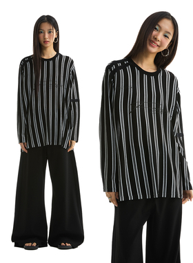 FUNKYFUN 2025SS 黑白竖条纹松软弹力logo印花宽松休闲长袖T恤