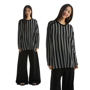 T恤 黑白竖条纹松软弹力logo印花宽松休闲长袖 FUNKYFUN 2025SS