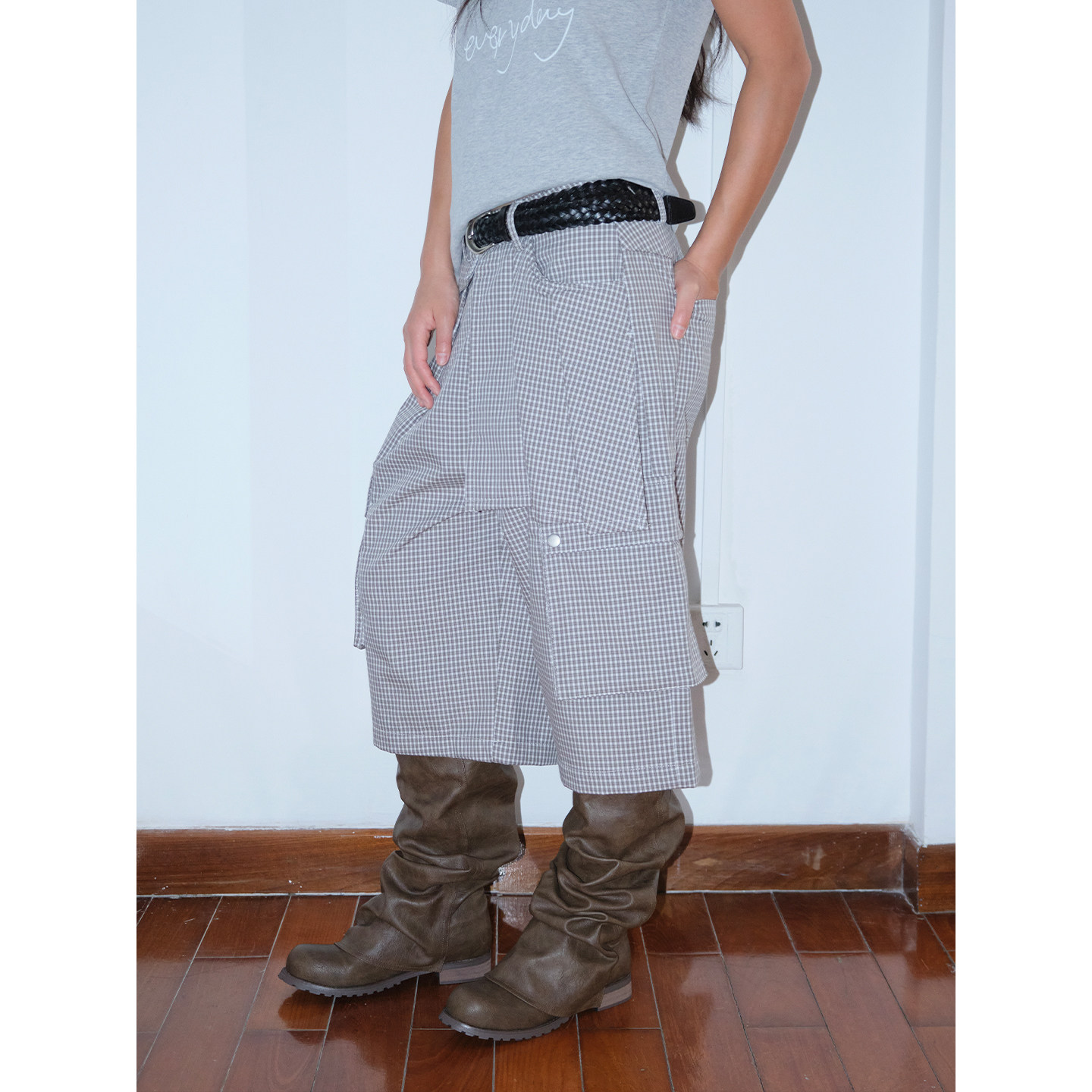 FUNKYFUN 格纹多口袋工装短裤异形解构百褶插片设计阔腿裤六分裤