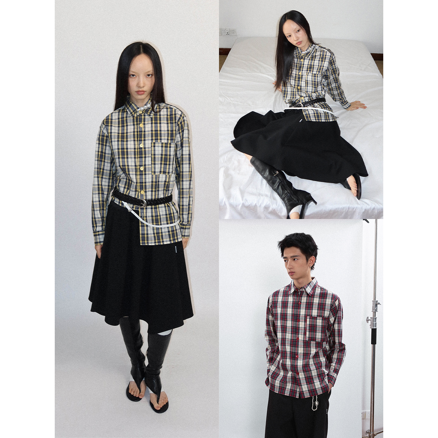 FUNKYFUN 2025AW 经典复古红黄撞色格纹宽松长袖衬衫