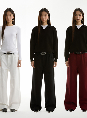 FUNKYFUN 2024AW 无腰头设计黑白红纯色百搭直筒休闲长裤