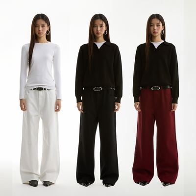 FUNKYFUN 2024AW 无腰头设计黑白红纯色百搭直筒休闲长裤