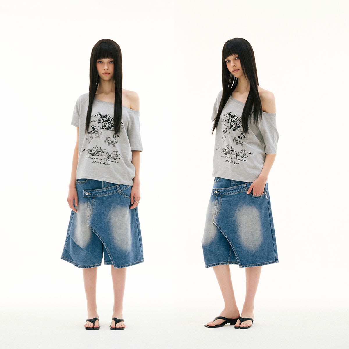 FUNKYFUN 2025SS 做旧斑驳花卉印花宽领口斜肩一字肩船领短袖tee