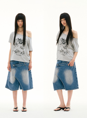 FUNKYFUN 2025SS 做旧斑驳花卉印花宽领口斜肩一字肩船领短袖tee