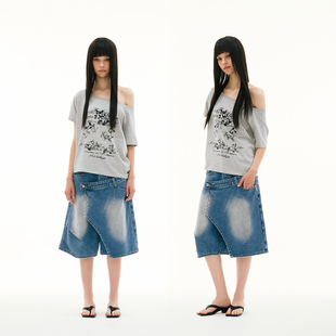 tee 做旧斑驳花卉印花宽领口斜肩一字肩船领短袖 FUNKYFUN 2025SS