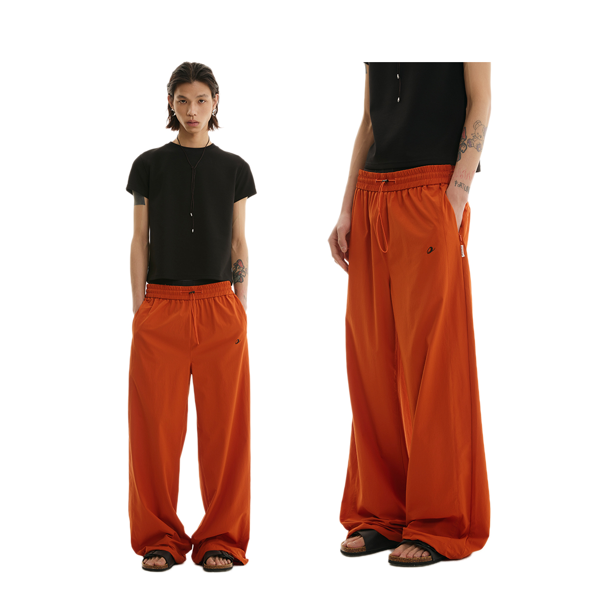 FUNKYFUN 2025SS 黑色橙色纯色松紧腰直筒风衣休闲运动裤