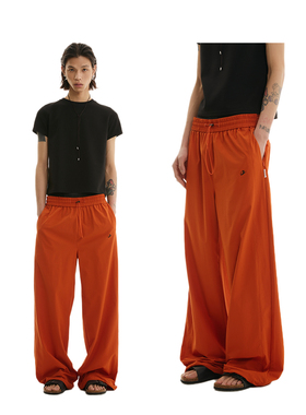 FUNKYFUN 2025SS 黑色橙色纯色松紧腰直筒风衣休闲运动裤