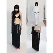 黑白基础色廓形斜纹工装 FUNKYFUN 2025AW 口袋A裙编织腰绳长裙