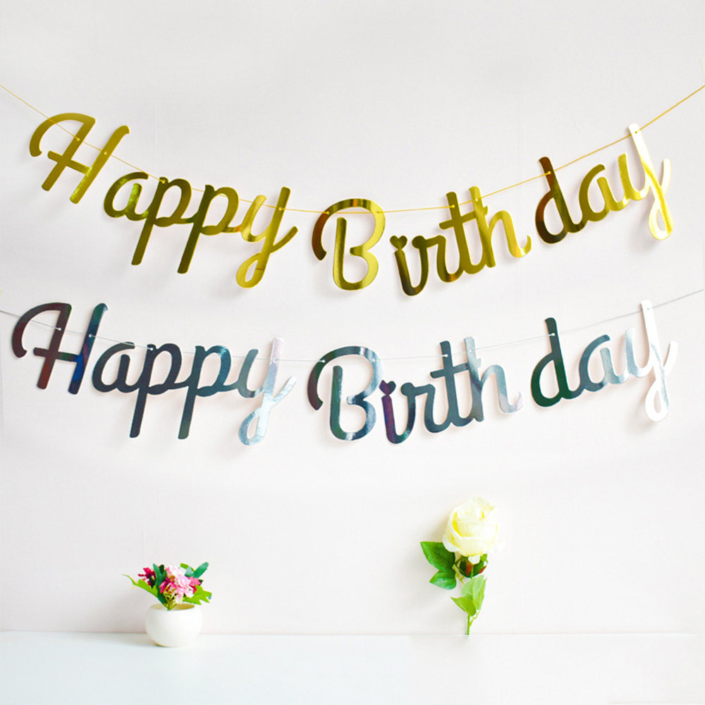 亮金色happybirthday连体字母生日快乐旗黑金生日派对布置装饰品