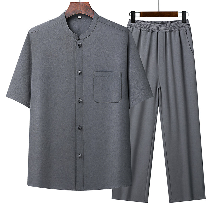 MIDDLE-AGED AND ELDERLY TANG COSTUME DAD SUMMER DRESS CHINESE STYLE OLD MAN GRANDFATHER ICE SILK SHIRT SUIT MIDDLE-AGED MAN SHORT SLEEVE HANFU