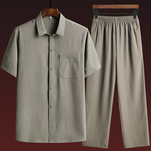 爸爸夏装套装唐装男中老年短袖衬衫夏季薄款父亲衬衣老人衣服爷爷