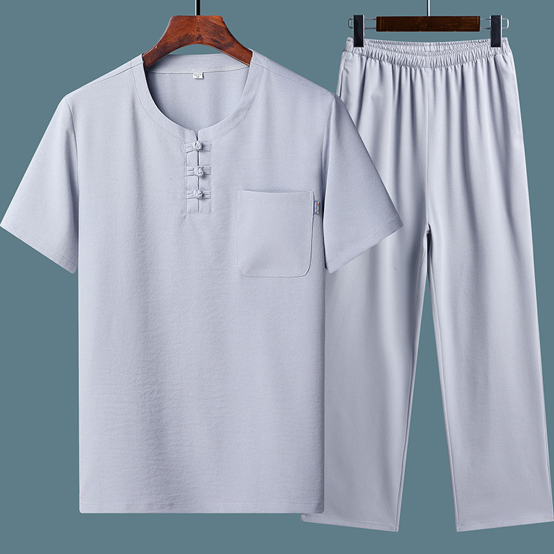 TANG COSTUME DAD SUMMER DRESS SHORT SLEEVE SUIT MIDDLE-AGED AND ELDERLY MAN 60-YEAR-OLD GRANDFATHER SUMMER ELDERLY CLOTHES LOOSE TWO-PIECE SUIT